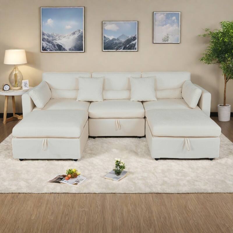 Chenille Modular Sectional Sofa with Dual Ottomans, Right-Arm Chaise and Middle Seat (500lb Capacity)
