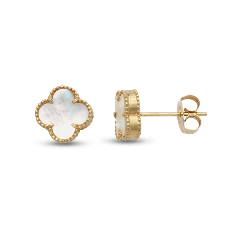 Curata Solid 14K Yellow Gold 10mm White Pearl, Black Onyx or Green Jade Clover Stud Earrings - White Mother of Pearl