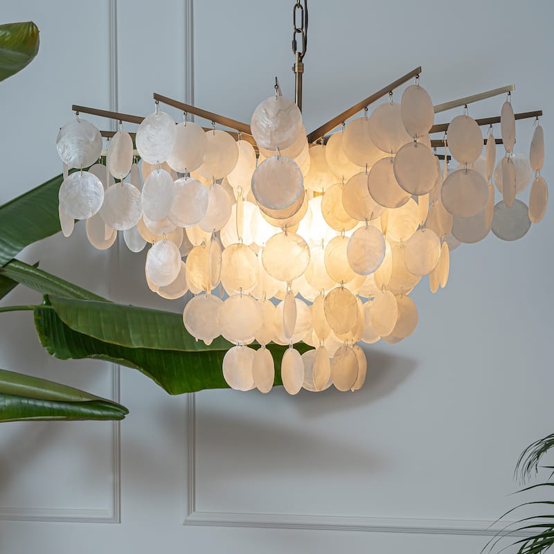 Cone Shape Tier Coastal Capiz Shells Chandelier With Antique Gold Metal
