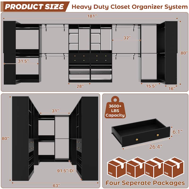 Set of 4 U-Shaped Closet Organizer System with Wood Drawers, Amoire Wardrobe with Shoe Racks