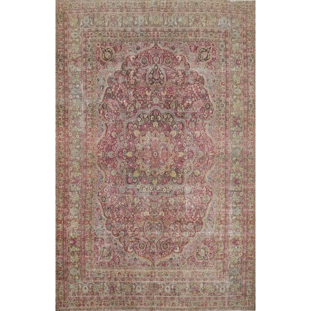 Hand Knotted Oriental 100% Wool Carpet Traditional Floral Pink Mashad Area Rug - 11' 1'' X 7' 11''