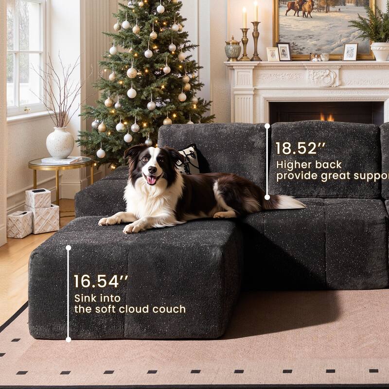 HOOOWOOO Modern Sparkly Velvet Fabric Chaise Sofa Couch with Ottoman