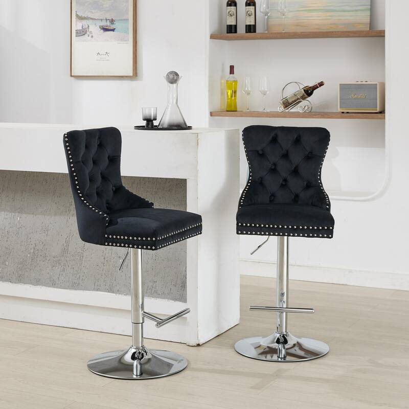 Roomfitters Adjustable Velvet Bar Stools Set of 2, Tufted Swivel Counter Stools with Chrome Base and Diamond Pleating - Black