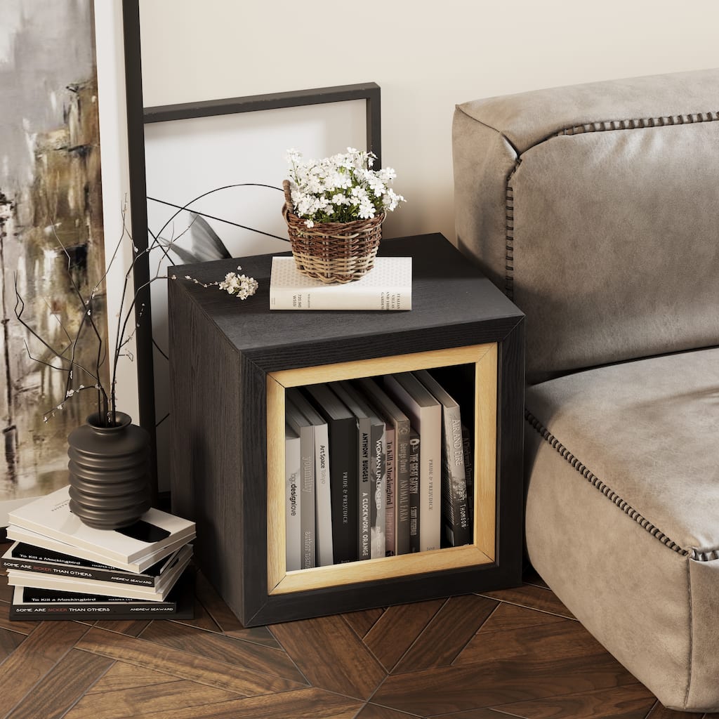 COZAYH Contemporary Cube Side Table with Open Central Shelf, Geometric Wood Accent Table, Minimalist Rectangular End Table