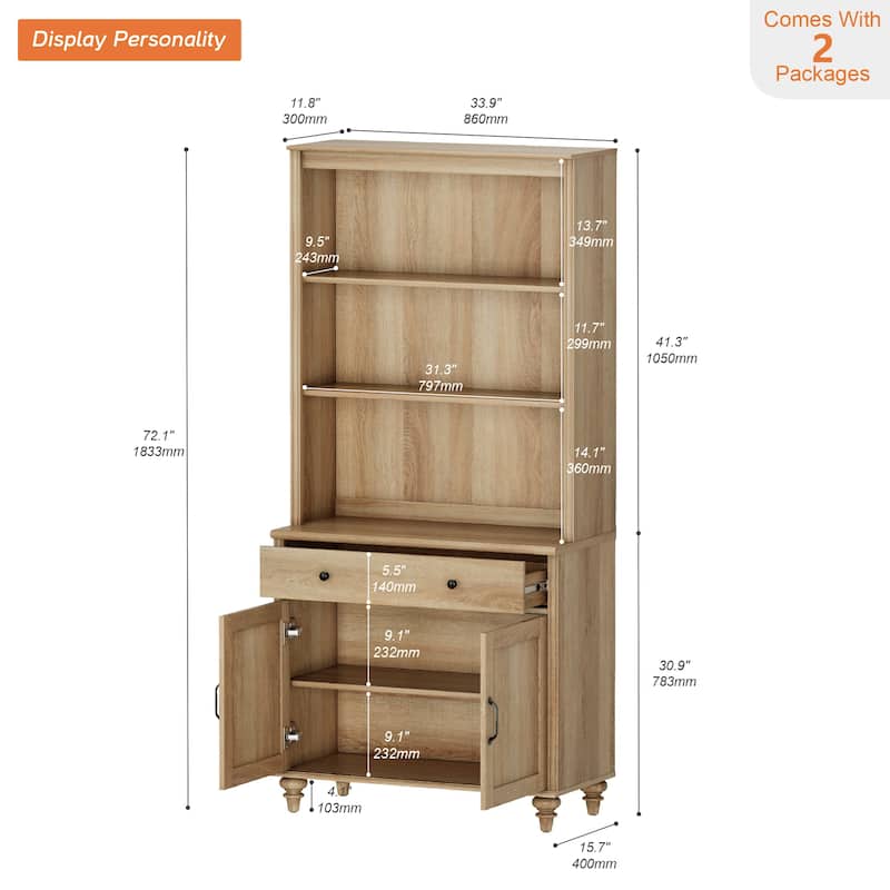 Oak Bookcase with Doors, Large Wood Farmhouse Book Case Shelf