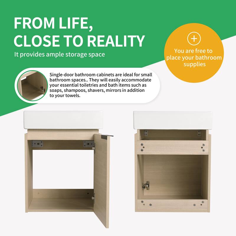BNK 16/18 Inch Single Sink Bathroom Vanity with Soft Close Door - 17.9"W x 17.9"D x 23"H - Plain Light Oak