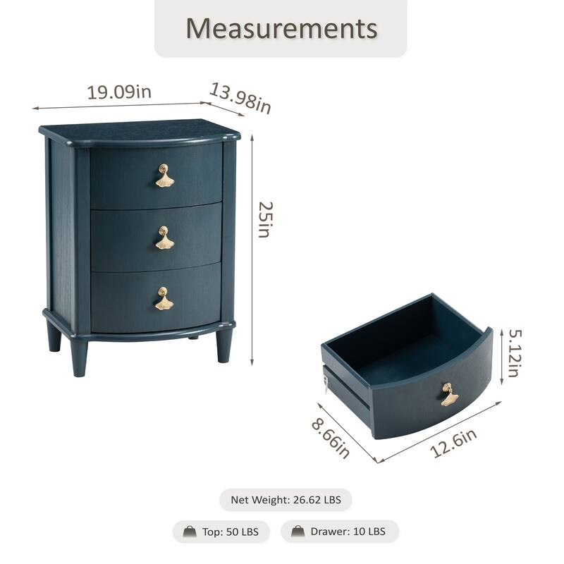 COZAYH Elegant 3-Drawer Nightstand with Gold Leaf Handles, Vintage Curved Front Design, Distressed Finish