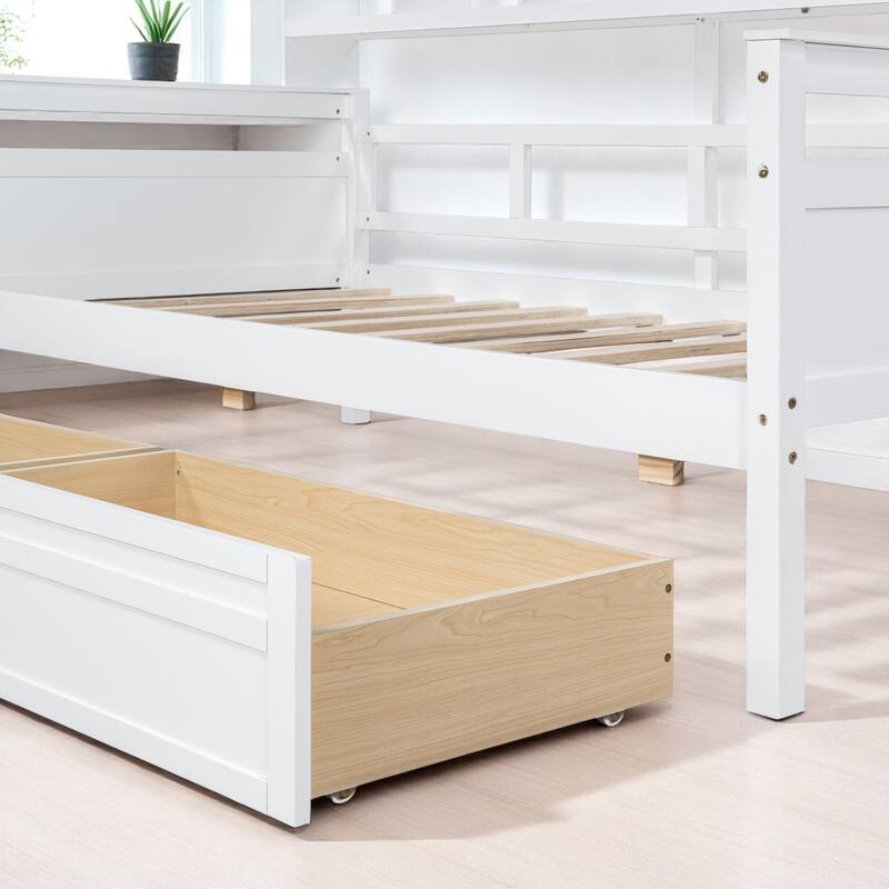 Wooden Twin/Full Daybed with 2 Storage Drawers and Bedside Shelves, No Box Spring Needed, Modern Design