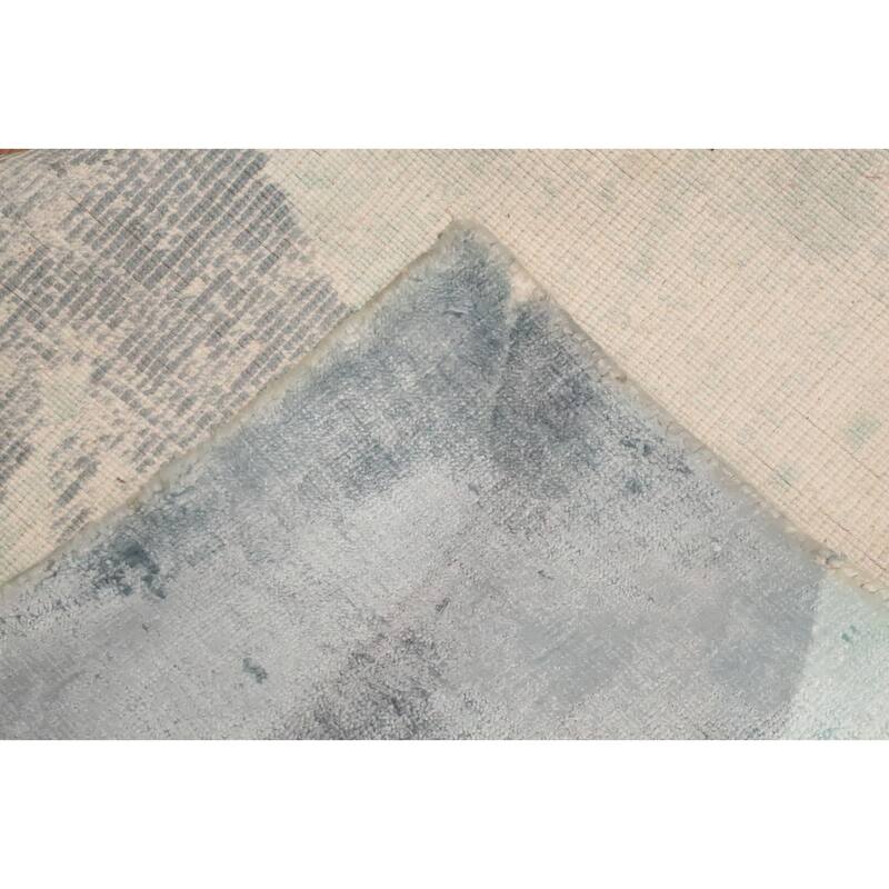 Hand Knotted Oriental Viscose Silk Carpet Modern Pictorial Navy Blue & Blues Abstract Area Rug - 7' 10'' X 5' 9''