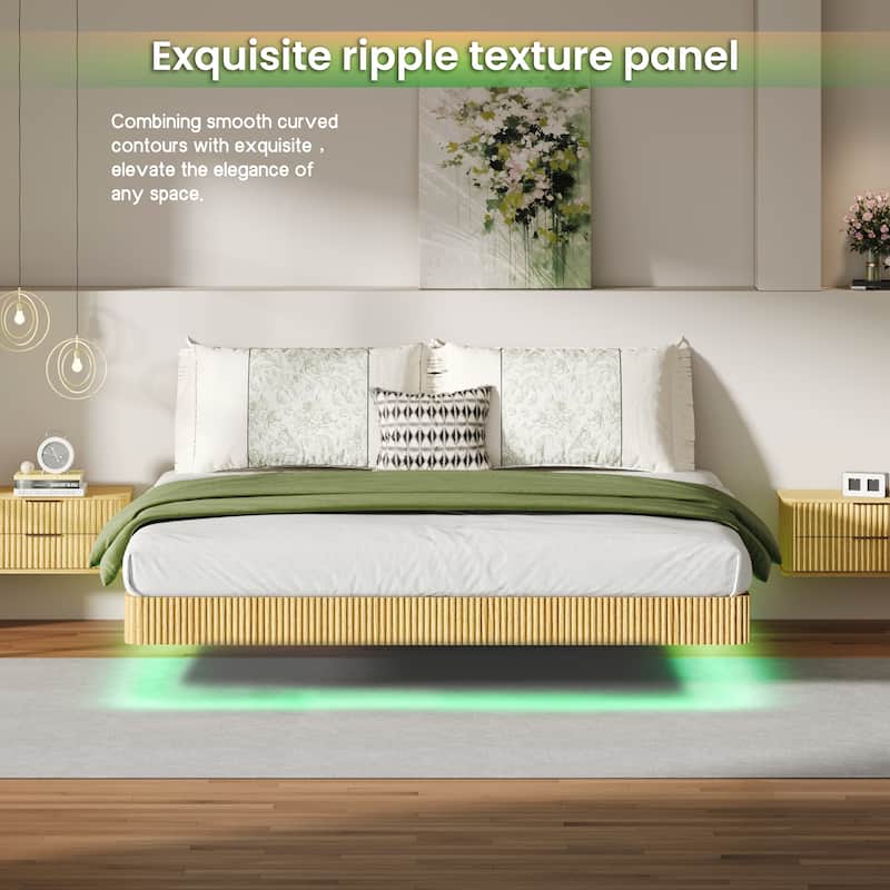 King Floating Bed Frame with LED Lights, Wave Curve Wood Texture Bed with Heavy Duty Metal Slats - No Box Spring Needed