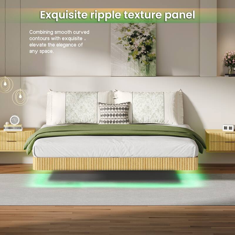 Smart LED Floating Bed without Headboard, Wave Curve Wood Texture Bed Frame, Heavy Duty Metal Slat Support - Oak - King