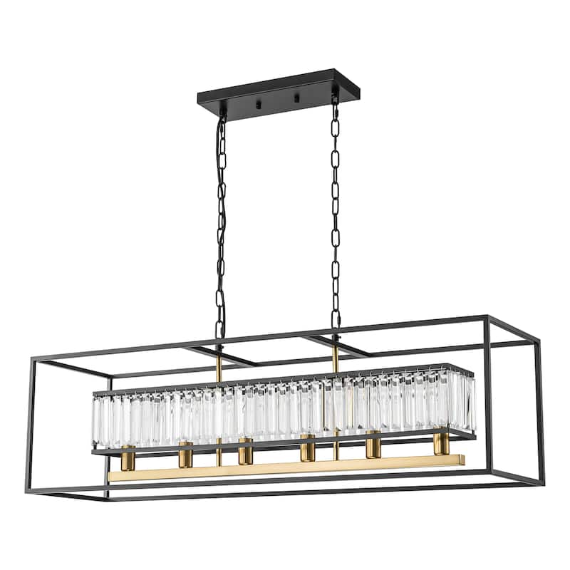 6-Light Modern Black&Gold Rectangular Crystal Large Chandelier for Dining/Living Room - 39.37 in. W x 11.02 in. H x 11.81 in. D