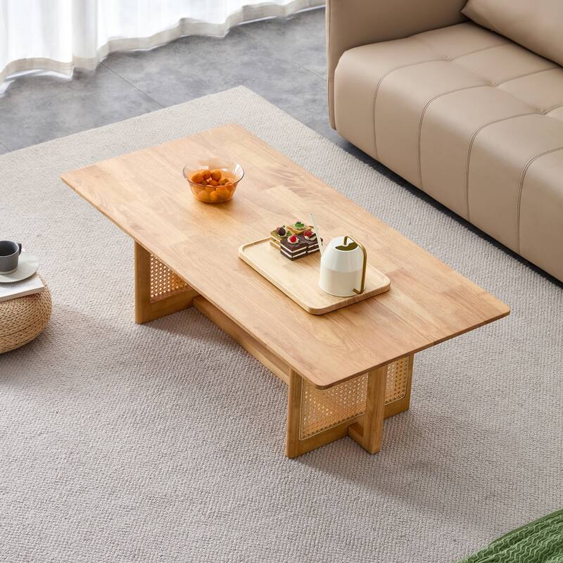 Farmhouse Center Table Coffee Table with Wood Legs, Natural Side Table End Table for Living Room Bedroom