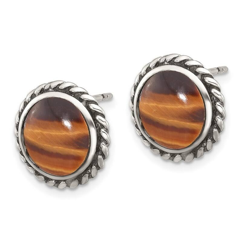 Curata 925 Sterling Silver 15mm Rope Edged Oxidized Tiger's Eye Stud Earrings
