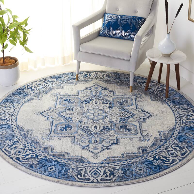 SAFAVIEH Brentwood Sirpa Traditional Rug - 6'7" Round - Blue/Light Grey