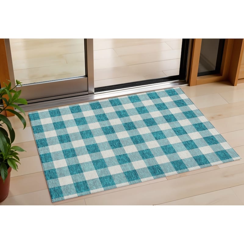 HomeRoots Plaid Transitional Rectangle Outdoor Rug - 3' x 5'