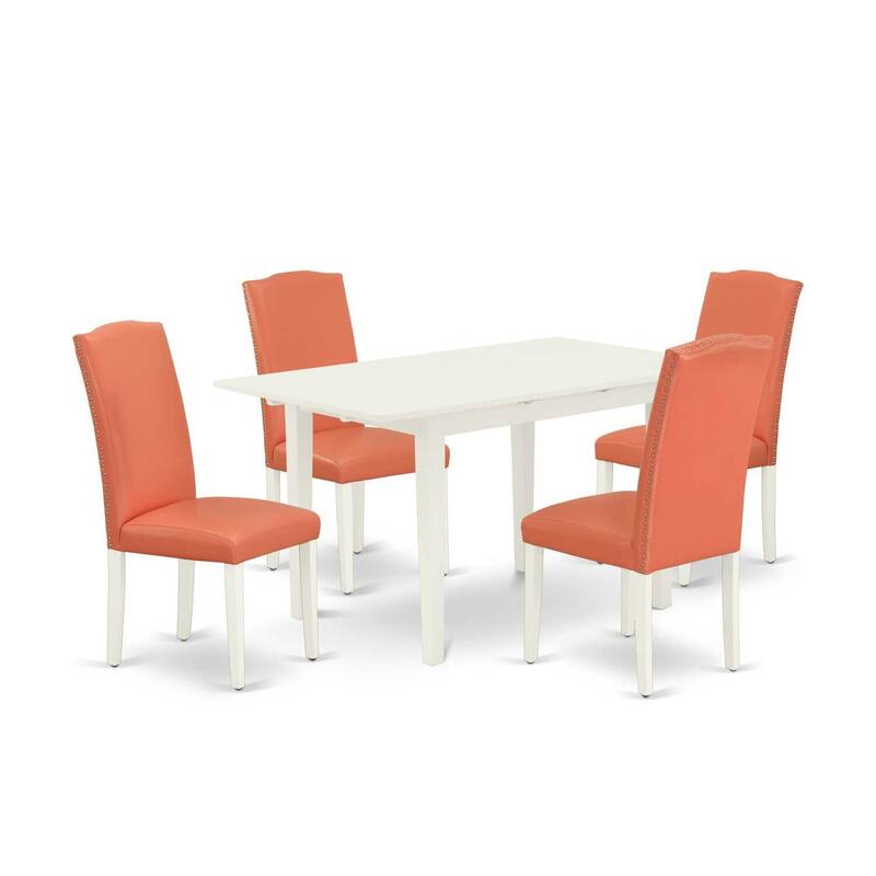 HomeStock 5-Pc Linen White Finish Solid Wood Top - Rectangular Upholstered Dining Room Set with Butterfly Leaf - Seats 4
