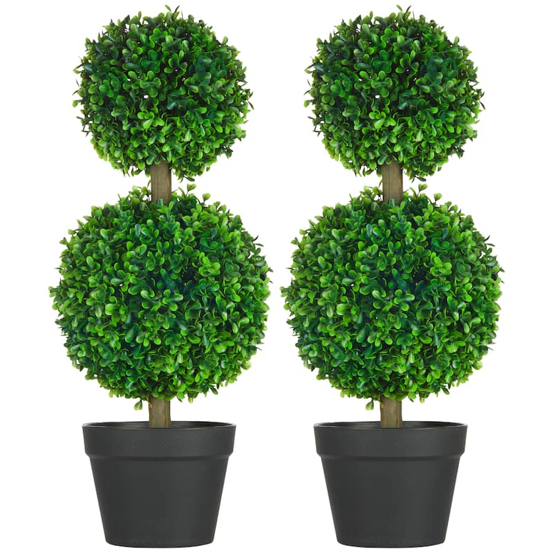 HOMCOM 2 Pack 23.5" Artificial Boxwood Topiary Ball Tree Set of 2, Double Ball-Shaped Boxwood Artificial Topiary Plants
