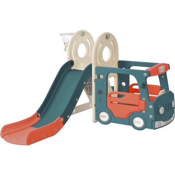 slide 2 of 35, Kids Slide with Bus Play Structure, Freestanding Bus Toy with Slide for Toddlers, Bus Slide Set with Basketball Hoop Red