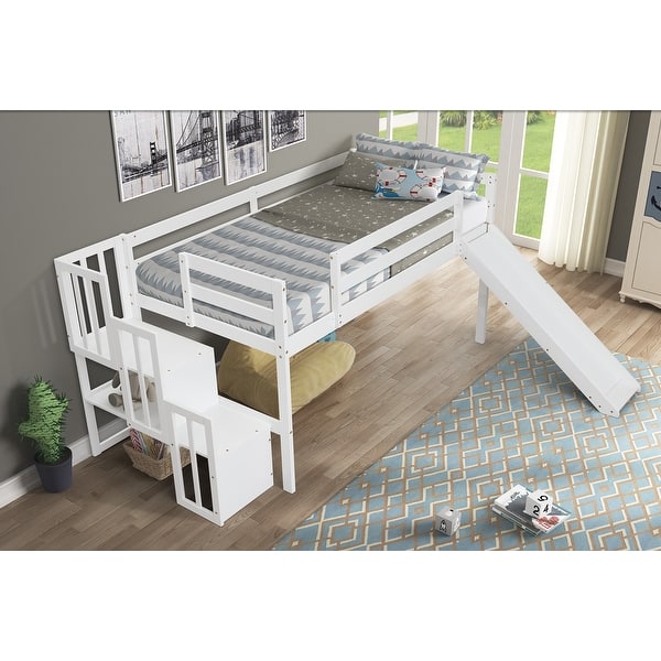 slide 2 of 7, White Twin Pine Loft Bed with Staircase, Slide & Guardrails White