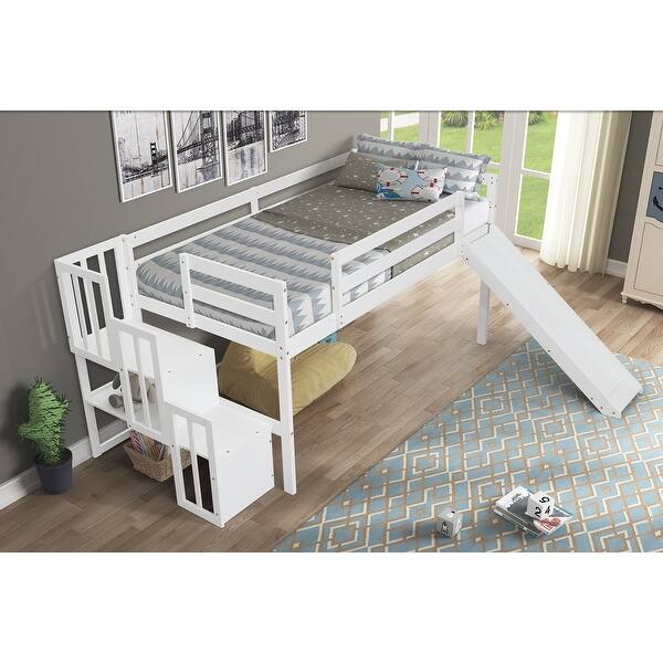 slide 2 of 6, White Twin Size Pine Wood Loft Bed with Slide, Staircase, Storage, Full-length Guardrails