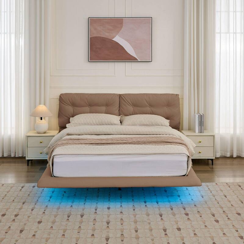 Christopher Knight Home- Lorcan PU Leather Floating Bed Frame with LED Lights and Button-Tufted Headboard