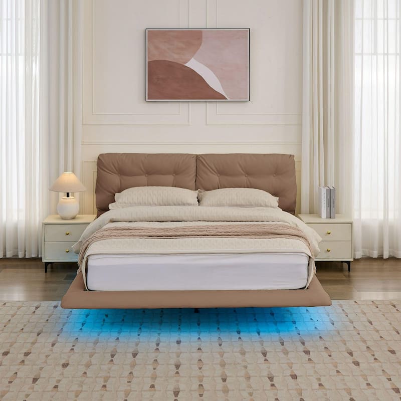 Queen Size Upholstered Floating Bed Frame with LED Lights, PU Leather Platform Bed with Button-tufted Headboard