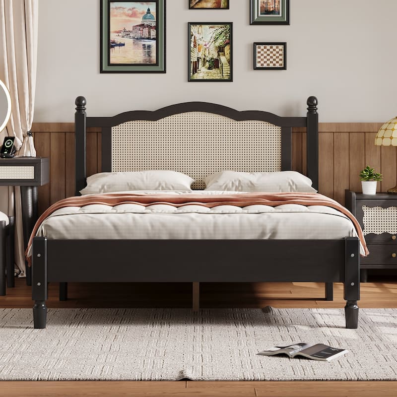 Queen/Full Size Wood Platform Bed with Natural Rattan Headboard, Vintage Bed Frame