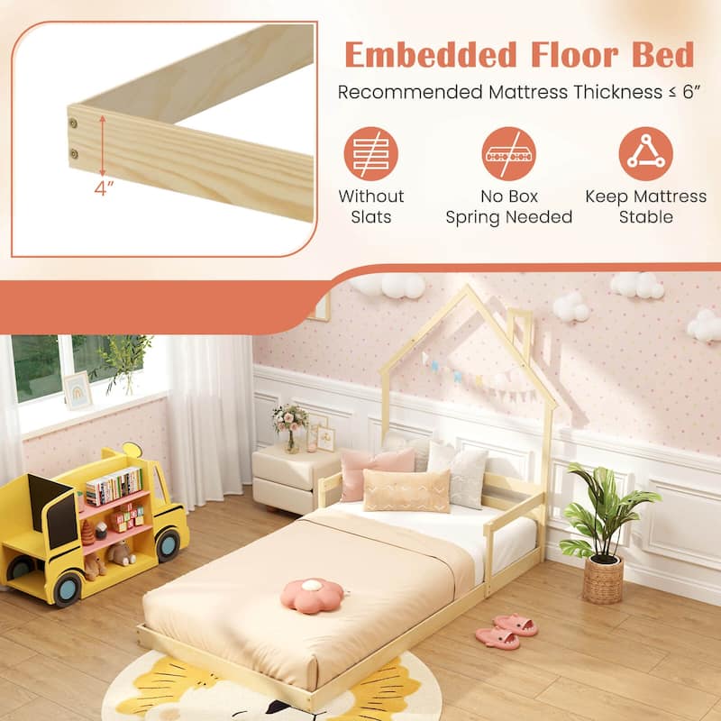 Costway Twin Size Floor Bed for Kids with Chimney Headboard & Handrail
