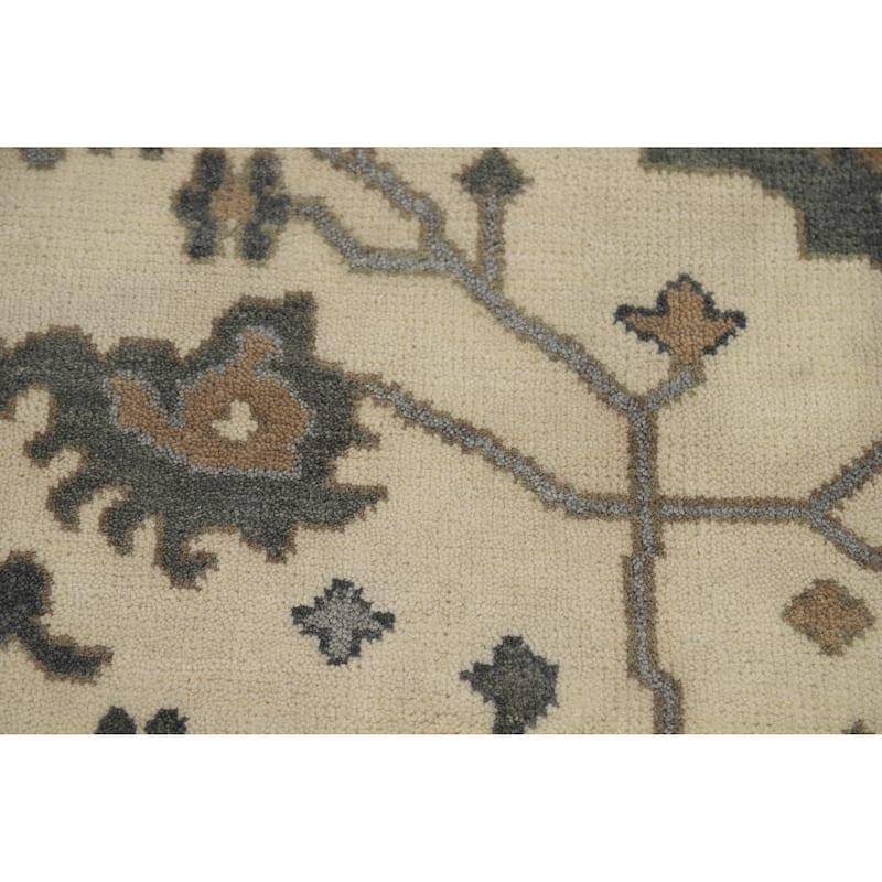 Earth Tone Oushak Area Rug Hand-Knotted Beige Floral Wool Carpet - 9'1" x 11'8"