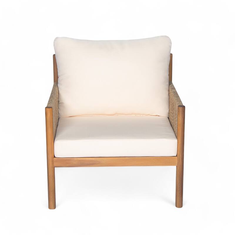 Set of 2 Outdoor Solid Wood Wicker Club Chair with Cushion, Patio Furniture Conversation Seat for Backyard Modern Woven Armchair