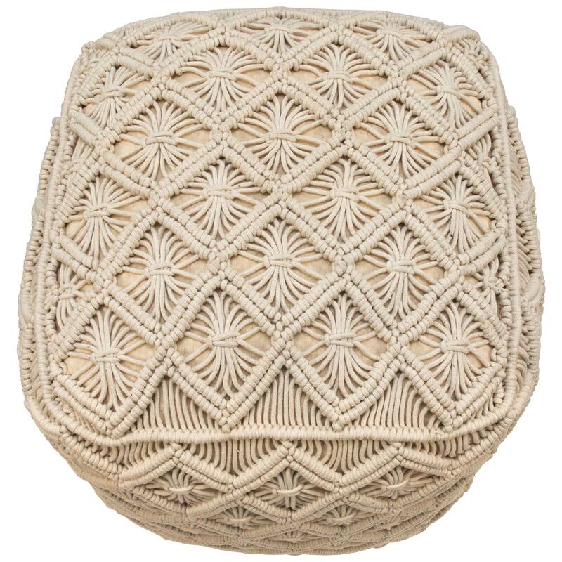 18" Beige Handmade Macramé Natural Cotton Square Pouf