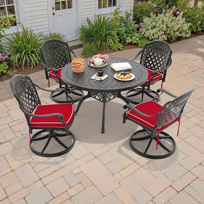 5-Piece Aluminum Round Outdoor Patio Dining Set, 4 Cushioned Swivel Chairs, Table, All-Weather Frames