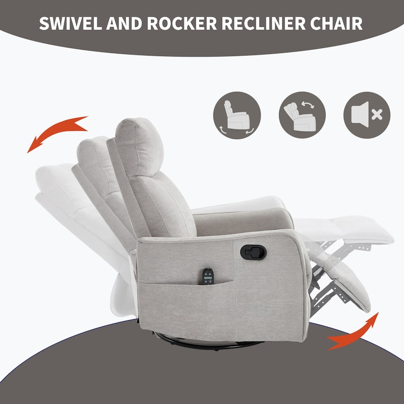 Roomfitters Swivel Rocker Recliner Chair, Manual Fabric Massage Glider Sofa with Heat and 360-Degree Pivot, Living Room