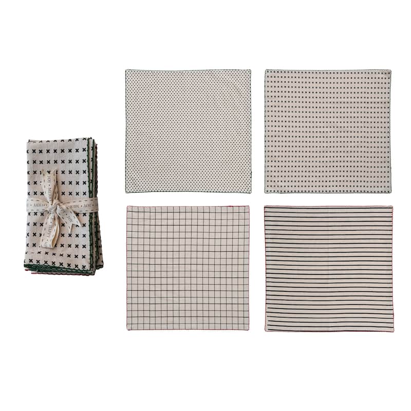 Cotton Printed Napkins with Pattern and Stitched Edge, Set of 4 - Multicolor