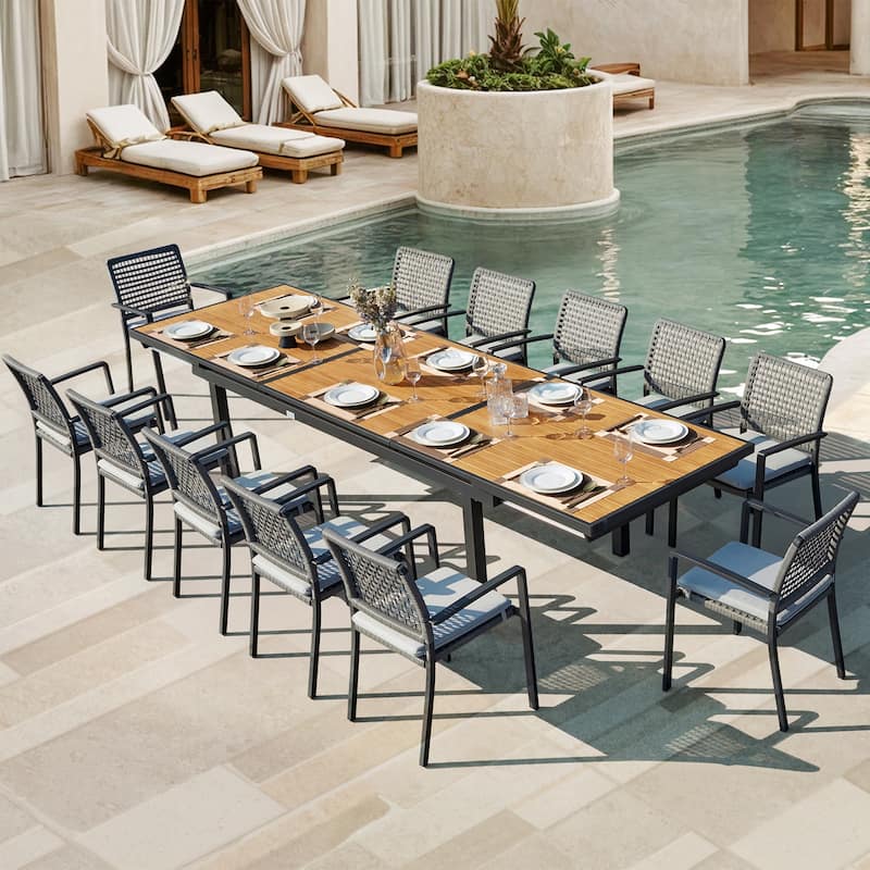 HIGOLD - Heck 13-Piece Teak Extendable Outdoor Patio Dining Set with Cushioned Chairs