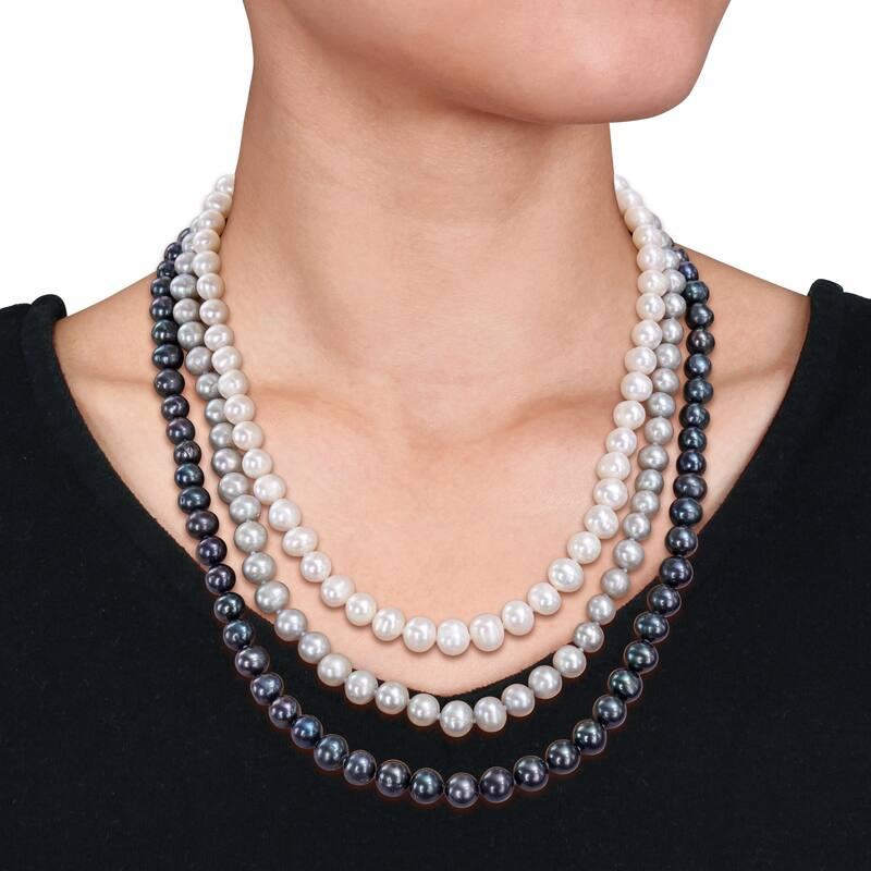 Miadora 7 Pc Set Multicolor 7.5-8mm FW Pearls 3-Strand Necklace, 3x7" Stretch Bracelets, 3 Pairs Earrings Sterling Silver