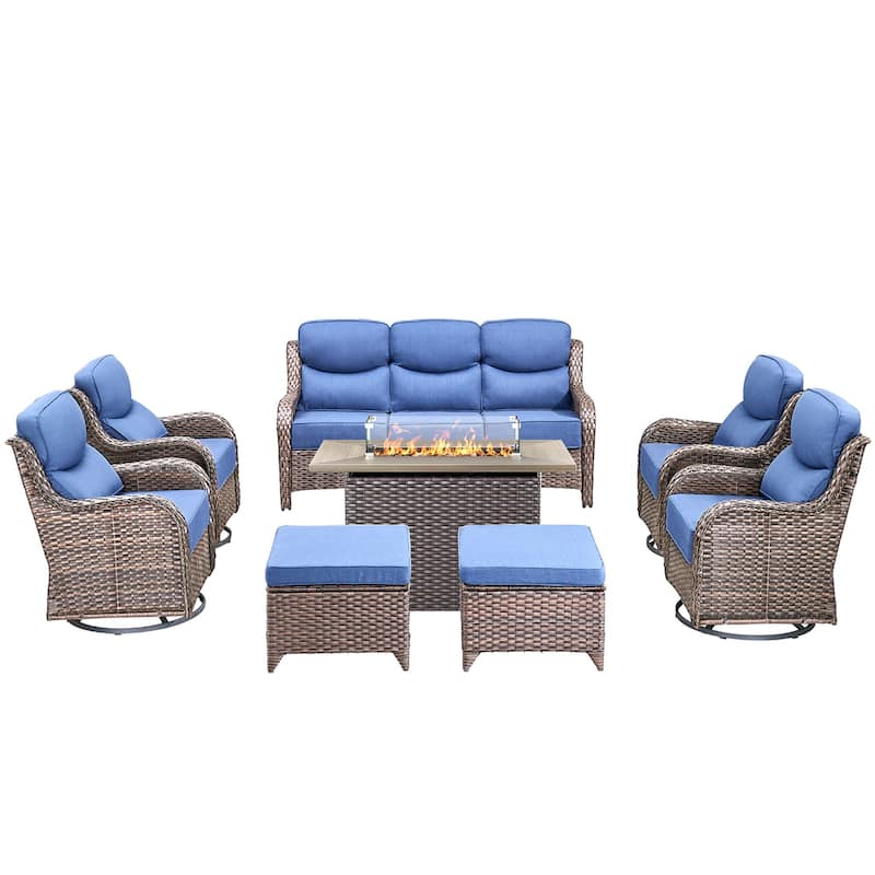 Pocassy 8 Pieces Outdoor 6 Inch Sofa Swivel Chair Ottoman with Fire Table