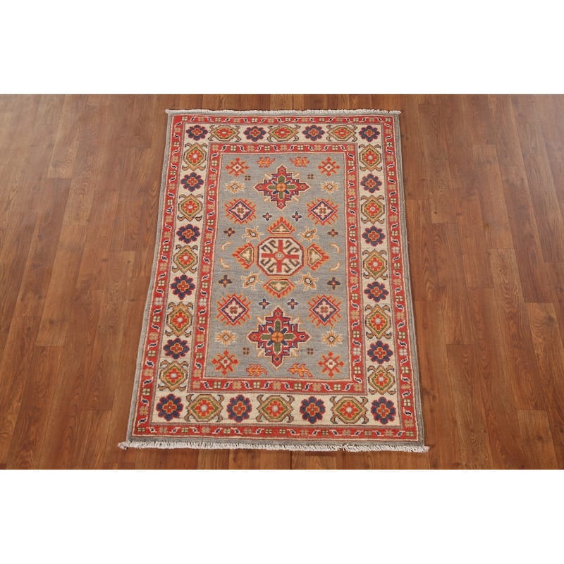Geometric Kazak Accent Rug Hand-Knotted Grey Wool Carpet - 2'8"x 4'2"