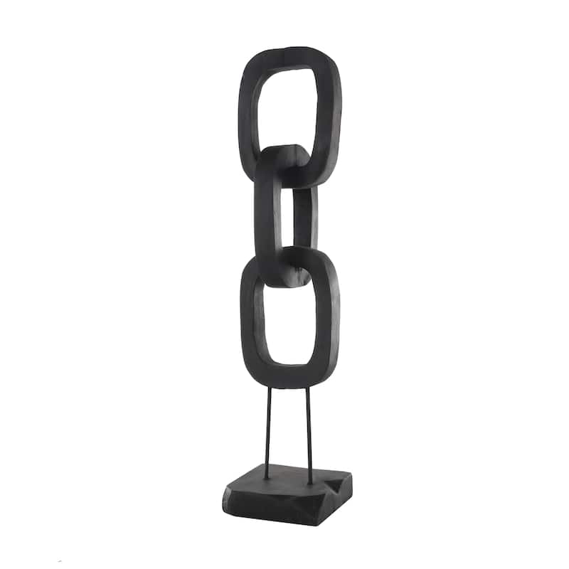 Black Teak Wood Tall 3 Link Chain Decorative Sculpture with Stand - Black