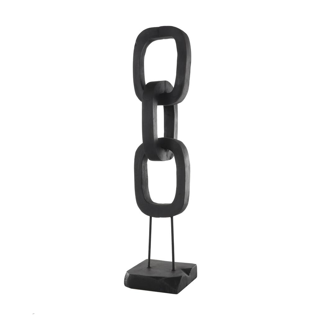 Black Teak Wood Tall 3 Link Chain Decorative Sculpture with Stand