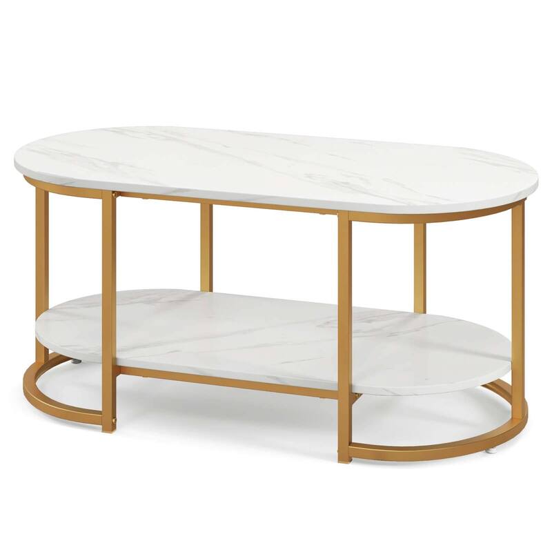 Costway White Marble Coffee Table Modern 2-Tier Center Table with - See Details