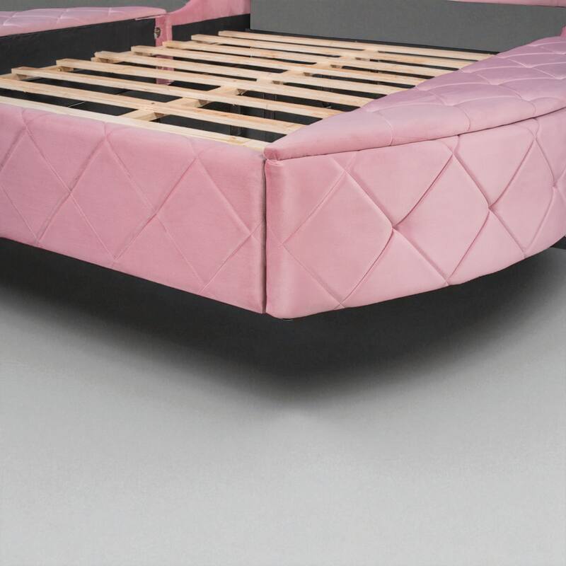Queen Upholstered Platform Bed with Wingback Headboard, Velvet Fabric, Storage Drawer & 2 Side Storage Stools