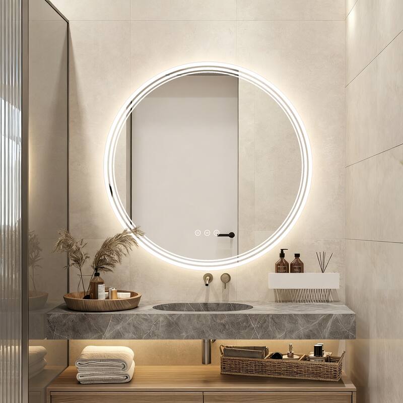 UL Certified Round Frameless Wall Mounted Anti Fog LED Bathroom Vanity Mirror, 3-Color Dimmable, HD Tempered Glass