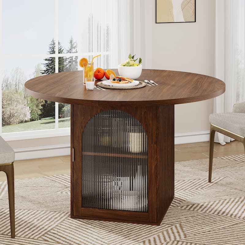 Round Dining Table with Built-In Storage Cabinet, Wood Kitchen Table for 4-6 People, Coffee Table with Ribbed Glass