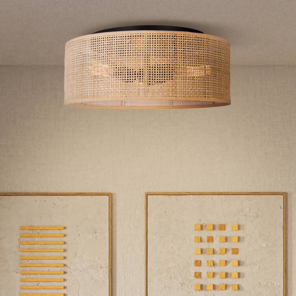 BELLAMY 3-Light Flush Mount Natural Rattan Drum Ceiling Light