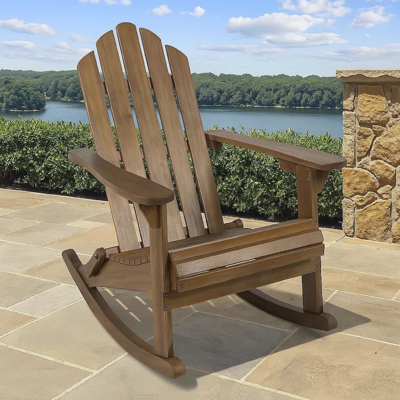 Outdoor Adirondack Rocking Chair, Slatted Back, Slope Arms, Dark Brown Wood