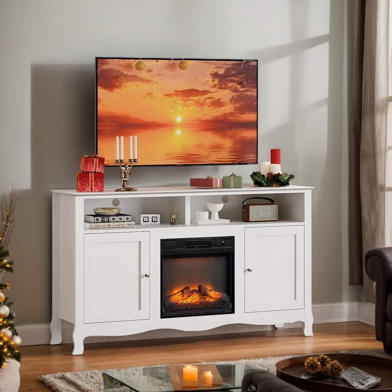 Farmhouse 58'' TV Stand For Tvs Up To 70'' With Electric Fireplace and Adjustable Shelves