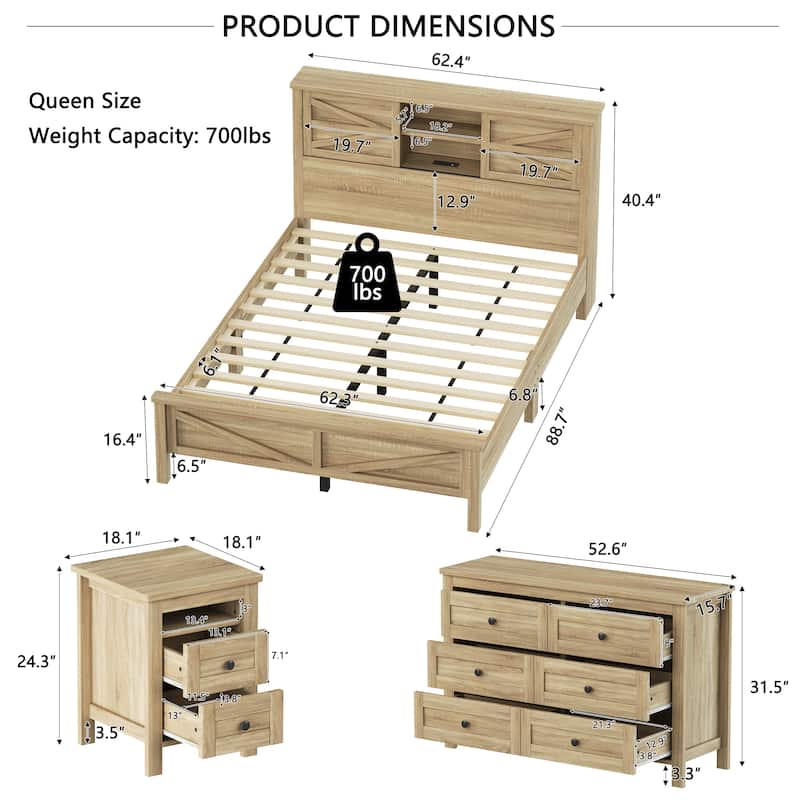 Full / Queen 3-Piece Bedroom Set with Platform Bed Storage Headboard USB Charging Nightstand and Dresser