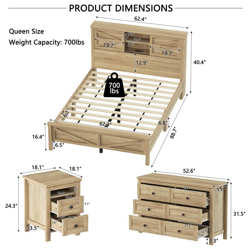 Roomfitters 3 Piece Bedroom Set, Queen Farmhouse Platform Bed with Sliding Headboard, Bedside Tables, Antique Gray